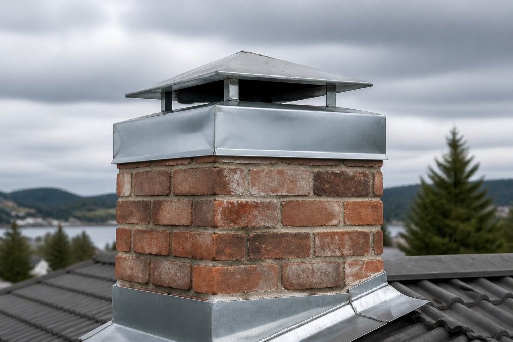 Close-up photo of a galvanized steel pipe cap mounted on a brick chimney, with a clean weatherproof seal against the flashing and a grey Scandinavian sky in the background