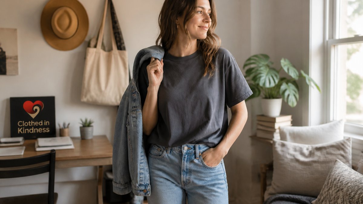 A woman in a relaxed-fit graphic tee and straight-leg jeans standing in a bright, lived-in room, adjusting a denim jacket over one shoulder, soft natural daylight through a window