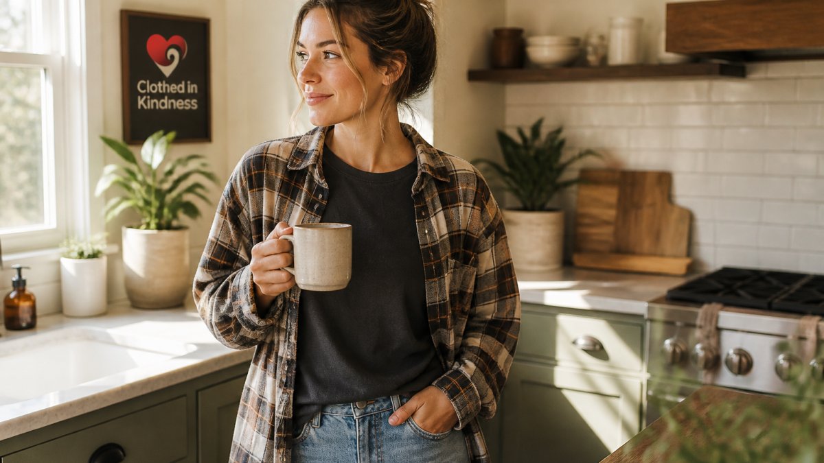 A woman in a relaxed-fit graphic tee layered under an open flannel, standing in a sunlit kitchen with a coffee mug in hand, casual and comfortable morning scene
