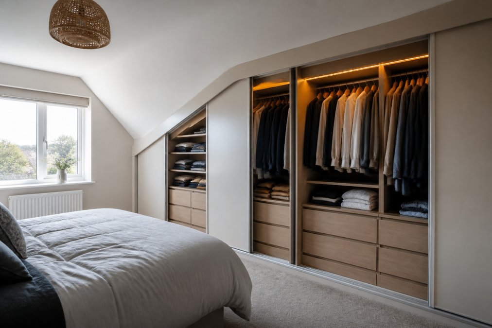 A modern bedroom with a custom-fitted wardrobe installed along a sloped ceiling wall, showing sliding doors partially open to reveal organized hanging rails, shelves at varying heights conforming to the roofline, and integrated soft-close drawers below, with natural morning light streaming through a window