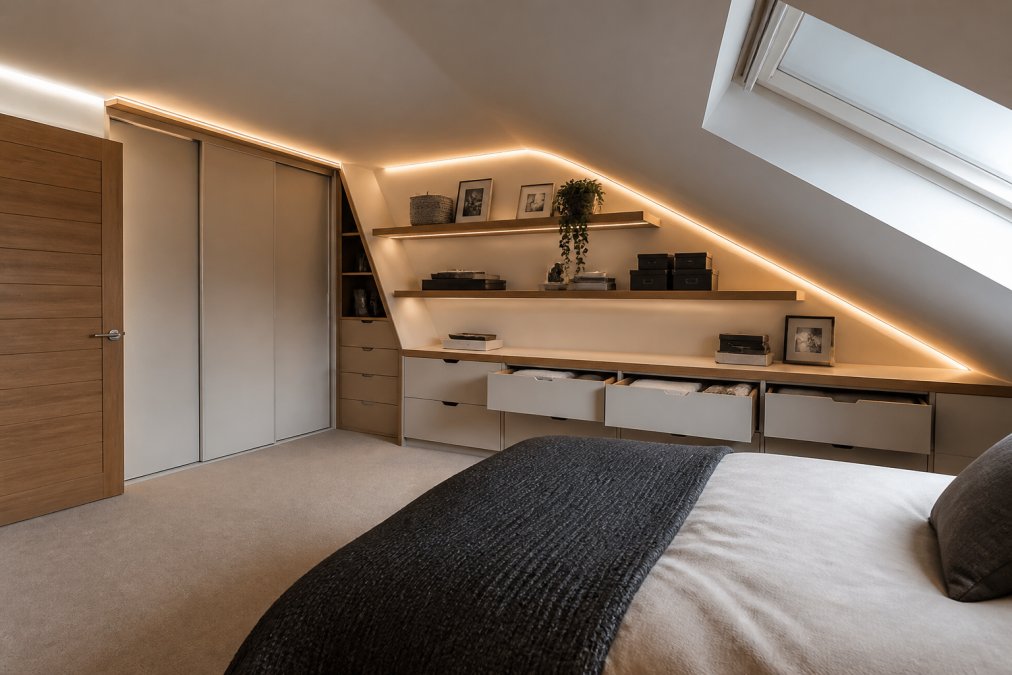 A compact bedroom with integrated storage solutions under sloped ceilings, including pull-out drawers beneath a knee wall, floating shelves at staggered heights following the roofline, a custom wardrobe with sliding doors, and warm LED strip lighting running along the top shelf edges creating ambient light in the room