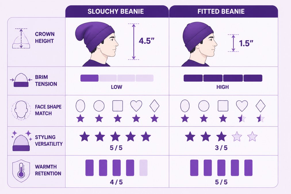 Comparison matrix of slouchy vs fitted beanie across five dimensions: crown height, brim tension, face shape match, styling versatility, and warmth retention