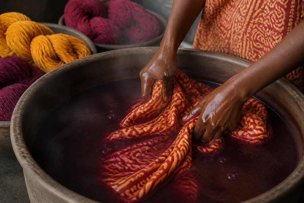 Hands submerging natural cotton fabric into a warm dye bath, showing the immersion technique with steam rising gently from the water, artisan carefully working with bundles of yarn in a ceramic vessel