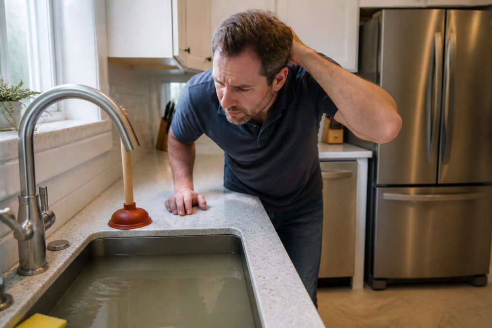 A homeowner in a well-lit kitchen looking at a sink filled with standing water, with a plunger nearby and a concerned expression, showing the common signs of a slow drain