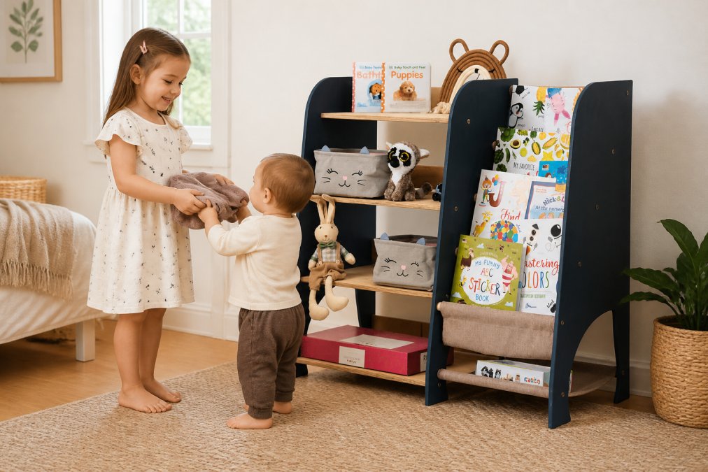 Two siblings of different ages wearing well-maintained quality clothing together in a bright, warm home setting, with older child's outgrown pieces folded on a shelf ready to pass to younger sibling