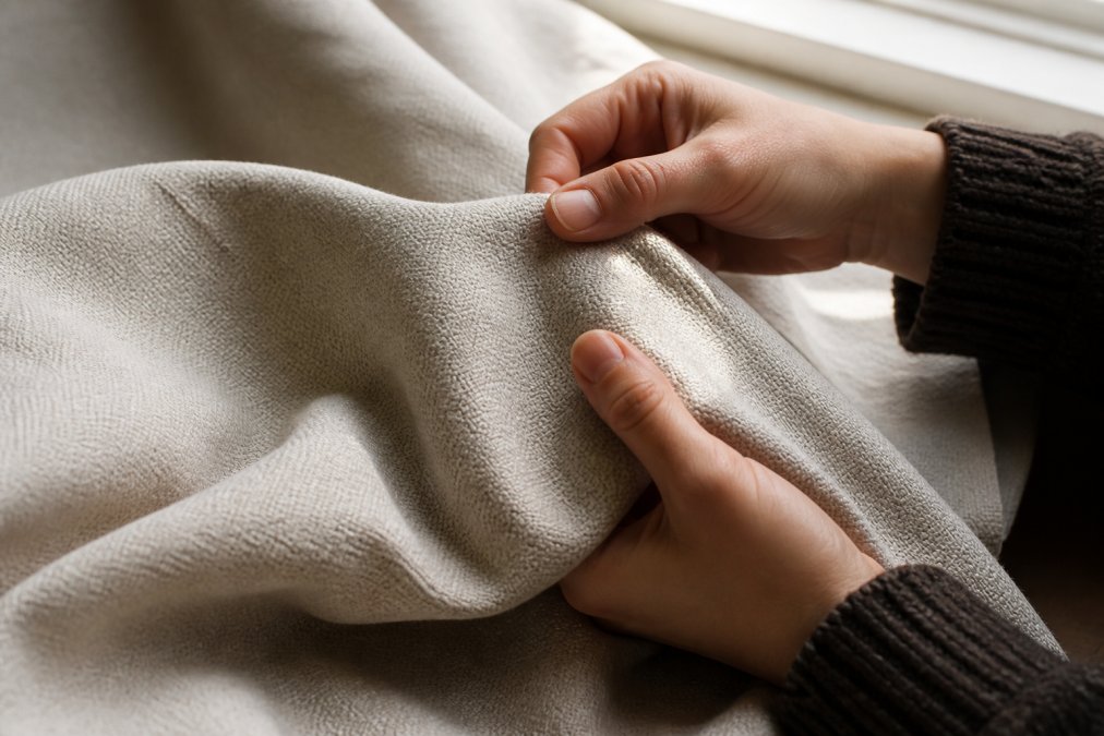 Close-up of hands gently touching heavyweight cotton fabric showing detailed weave texture and substantial construction, with natural window lighting