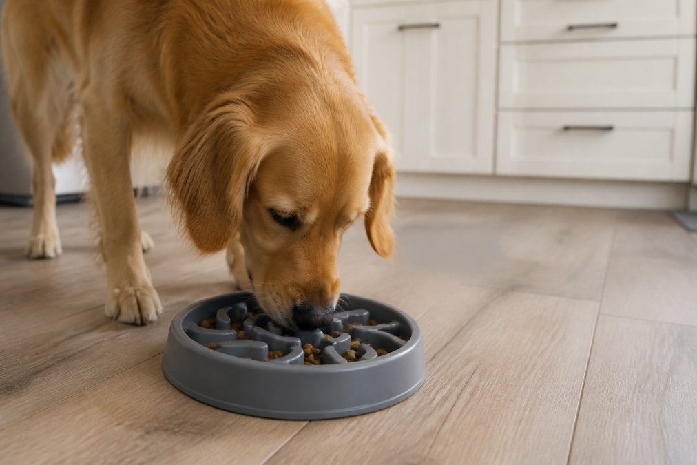 A golden retriever eating from a silicone slow feeder bowl with visible puzzle compartments and ridges, shown mid-meal with kibble visible in the bowl's channels, natural kitchen lighting