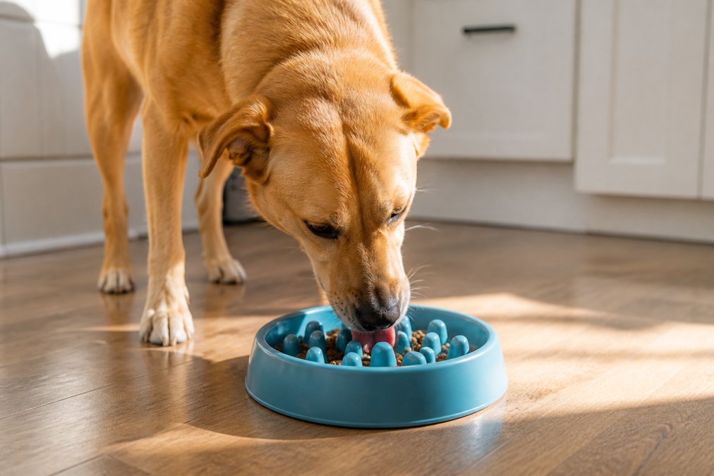 Infographic comparing slow feeder bowls vs standard bowls for digestion by showing a dog eating kibble slowly.