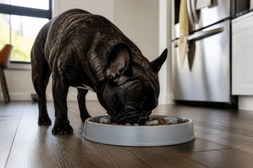 French Bulldog eating from a shallow slow feeder dog bowl on a kitchen floor