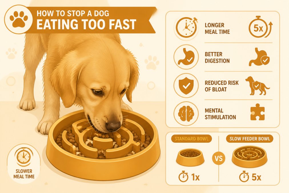 Golden retriever eating from a slow feeder bowl with maze-like ridges, showing the dog's focused expression as it carefully navigates around the obstacles to reach kibble