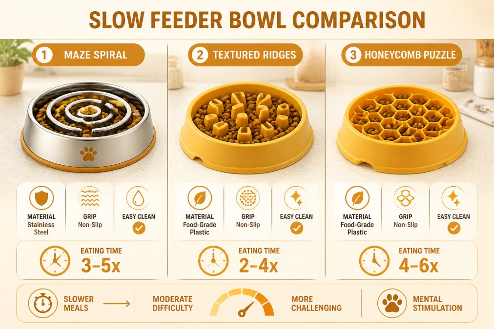 Three different slow feeder bowl designs displayed side by side on a kitchen counter, showing varying maze patterns, textured ridges, and materials including stainless steel and food-grade plastic