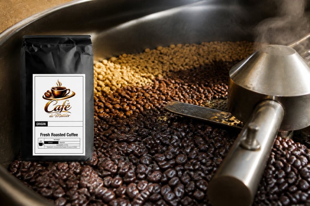 Close-up of roasting coffee beans transitioning through color stages from light brown to dark chocolate, with visible steam and heat shimmer in a professional roasting drum