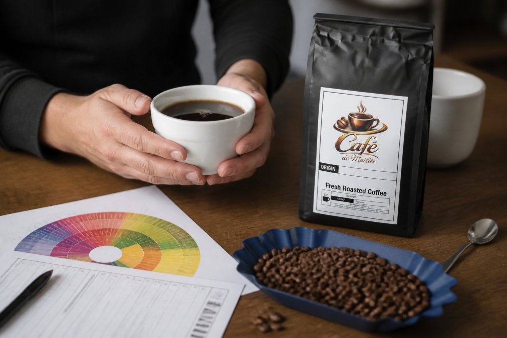 Person's hands holding a white ceramic cupping bowl filled with slow-roasted coffee, with a flavor wheel and tasting notes sheet visible on a wooden table beside fresh roasted beans and a small spoon