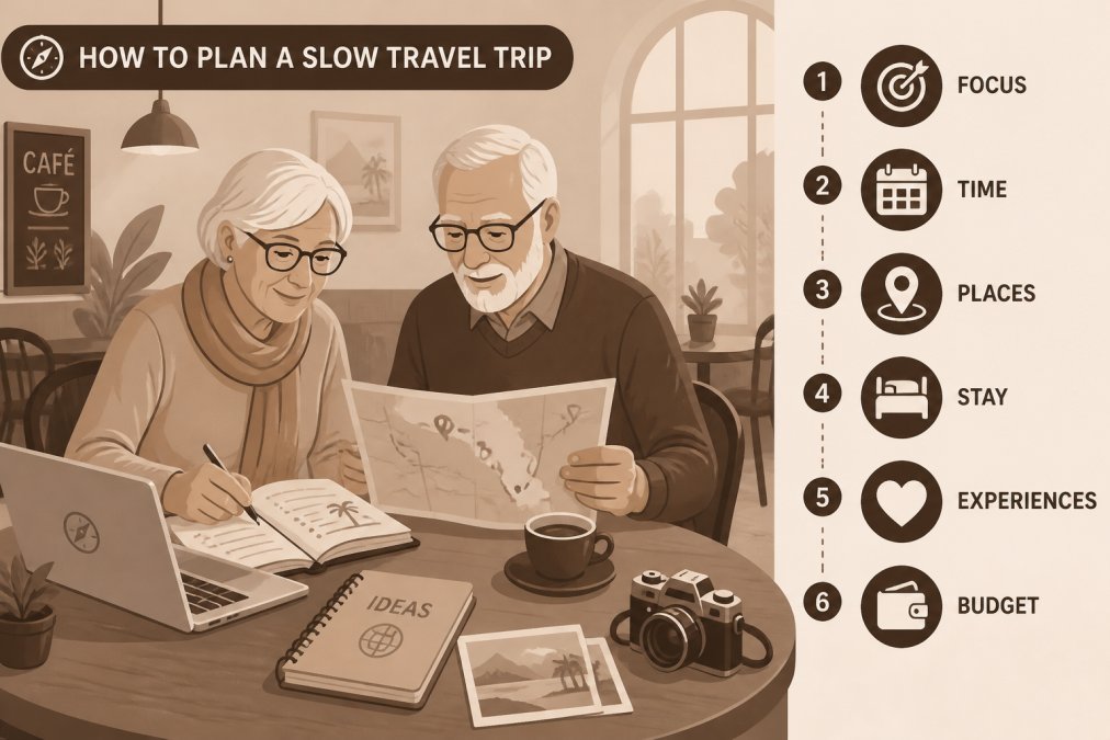 Retiree couple reviewing maps and travel notes at a café table with laptop and journal, planning their next destination with natural café lighting