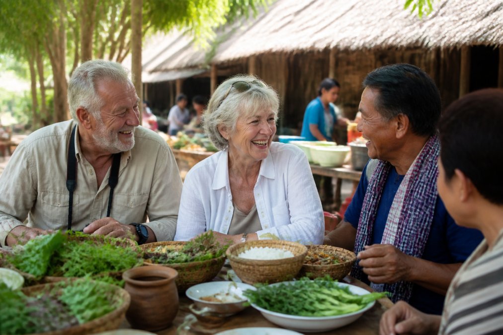 Mature travellers chatting with local residents at a village market, sharing a meal together under warm afternoon sunlight, genuine smiles and engaged conversation