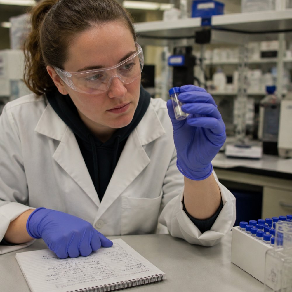 Researcher examining a vial of peptide powder to study the SLU-PP-332 mechanism in a lab setting