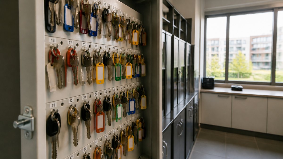 Close-up van professioneel georganiseerde sleutelkast met duidelijk genummerde sleutels, labels en ordening zichtbaar in een moderne beheerruimte met natuurlijk licht