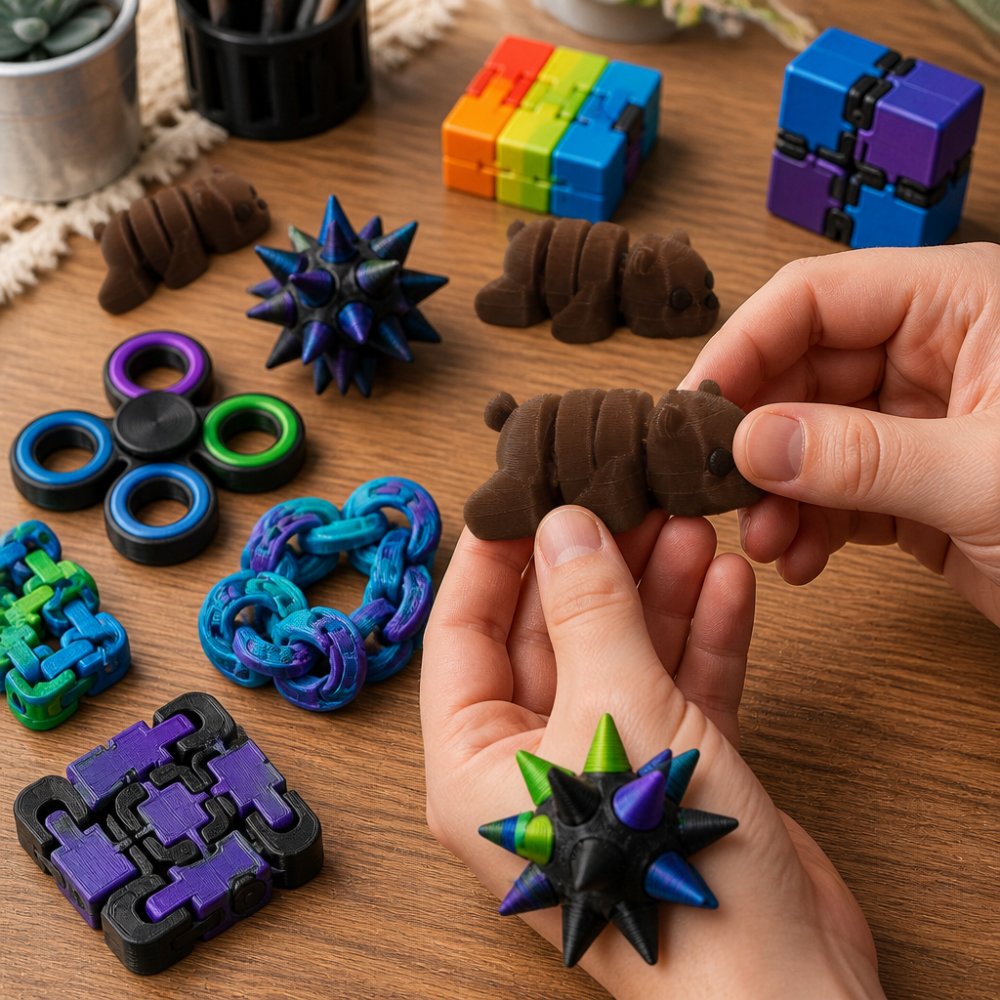 Close-up of colorful 3D printed fidget toys arranged on a desk surface, including mini articulated creatures, textured spinners, and infinity cubes in vibrant multicolor PLA combinations, with hands actively fidgeting with one of the toys