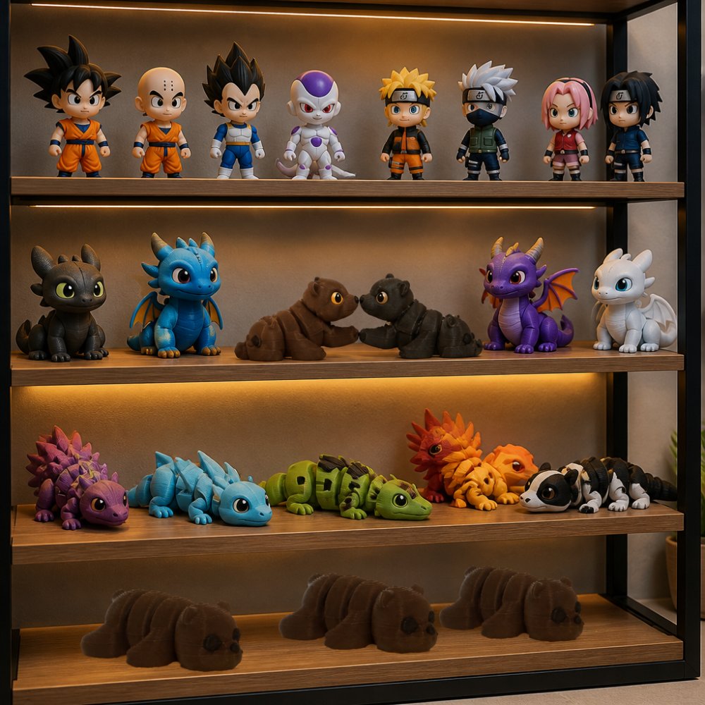 Display shelf showcasing various 3D printed collectible figurines including anime-inspired characters, magnetic creature pairs, and articulated figures in vibrant colors, with warm accent lighting highlighting the detail and layer quality of each print