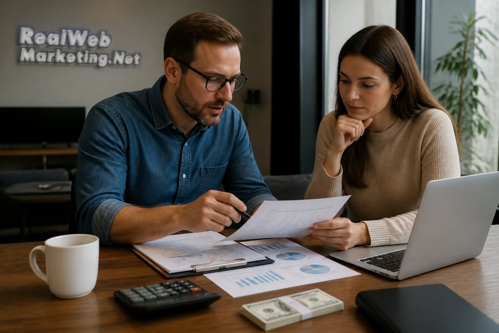 A small business owner and a marketing consultant reviewing a printed pricing breakdown and laptop analytics together at a wooden desk