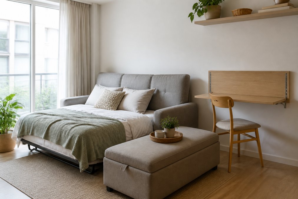 Studio apartment with a compact sofa bed, wall-mounted floating desk in folded position, and a low-profile storage ottoman with neutral upholstery, natural light from large window