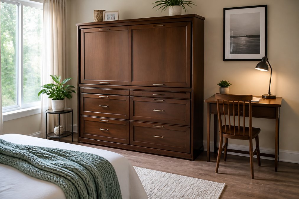 A well-lit small apartment room with a closed Murphy bed cabinet styled as a wooden dresser, small desk and chair beside it, morning light through a window