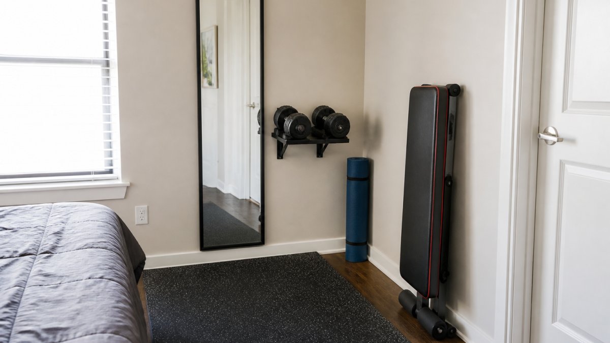 Compact bedroom corner featuring adjustable dumbbells, a rolled yoga mat, and a foldable bench for workouts.