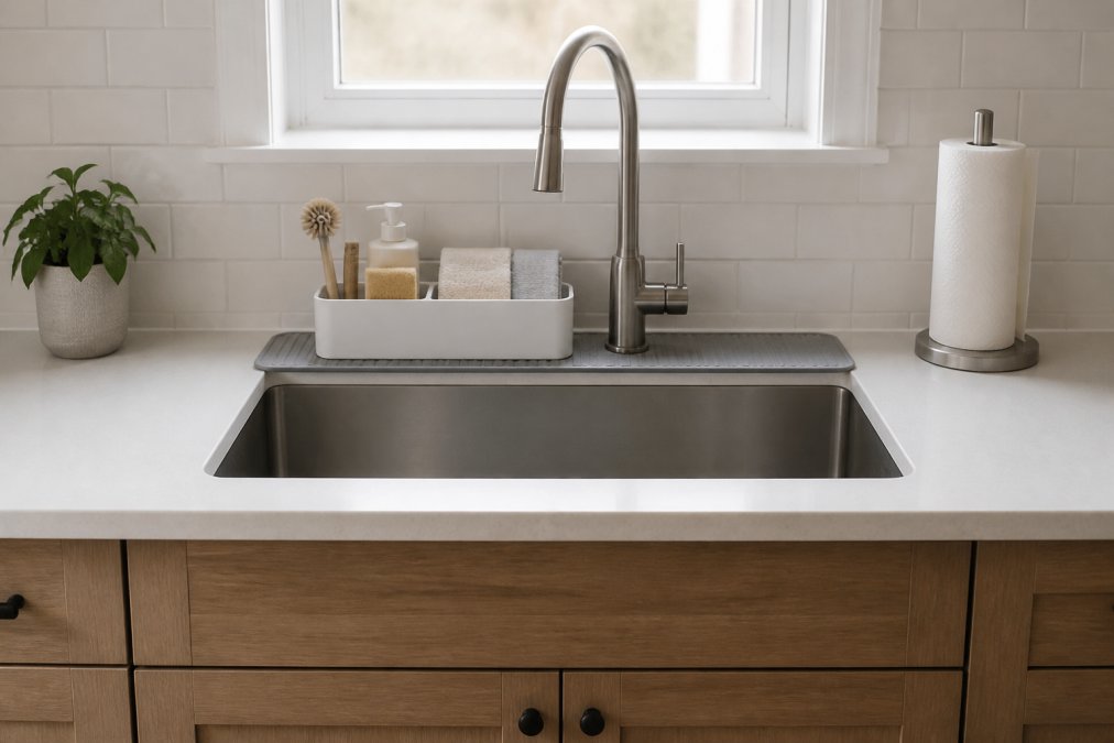 Minimalist kitchen sink area with white Scandinavian-inspired organizer holding neatly arranged sponges, a stainless steel faucet with a splash mat underneath, and clear counter space visible on either side