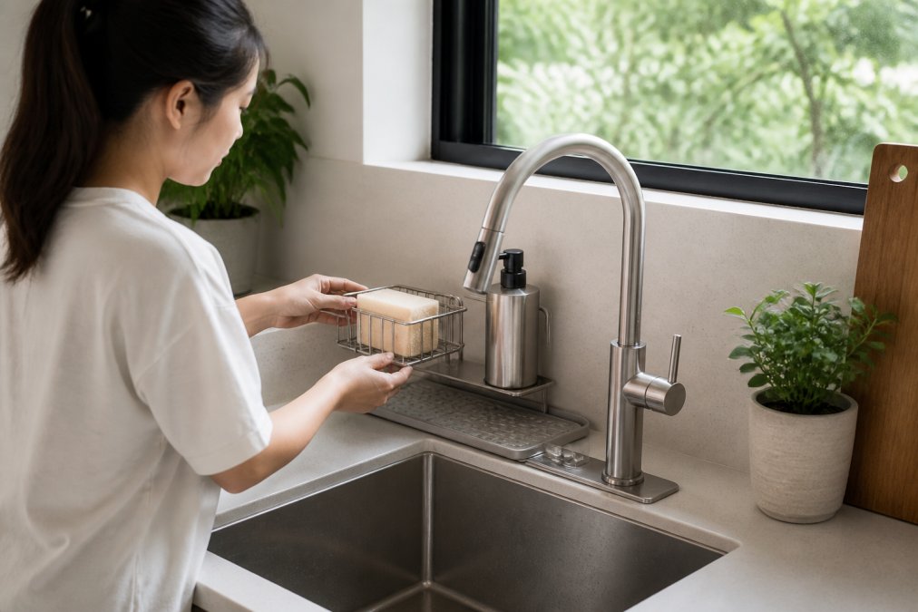 Person organizing a compact kitchen sink counter with a stainless steel organizer, placing a sponge holder and splash mat with natural light streaming from a window above the sink