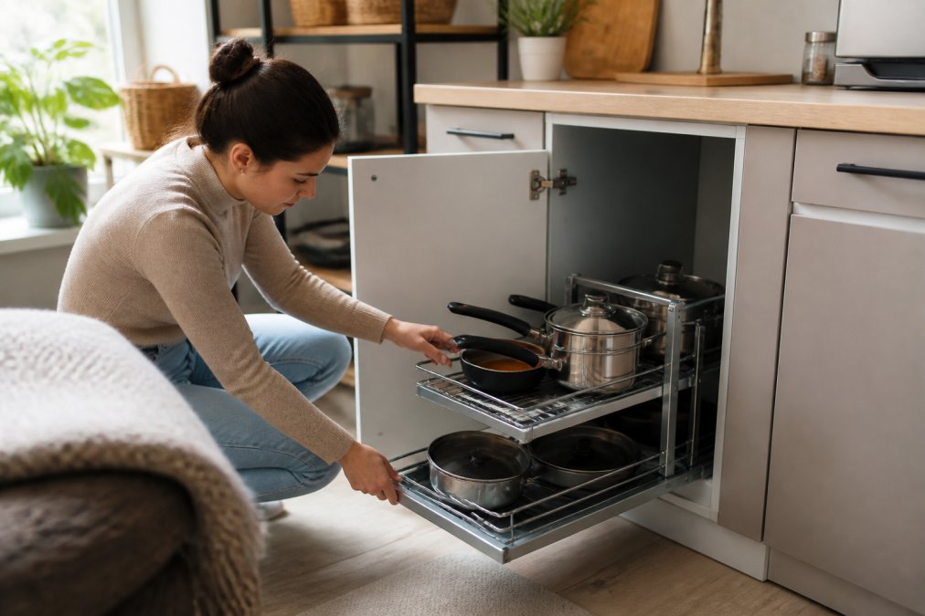 A young woman installing a pull-out cabinet organizer to improve small apartment organization in her kitchen.