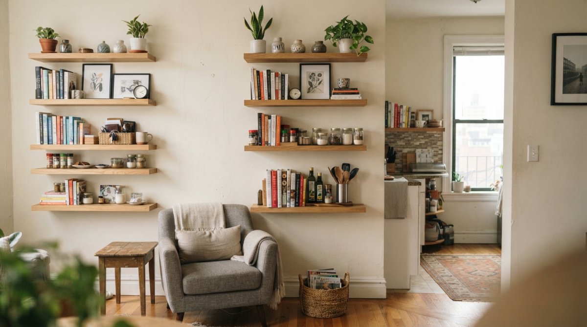 Professional illustration showing bright and small and apartment concepts for apartment storage hacks