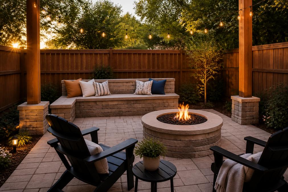 A compact backyard patio with warm-toned concrete pavers, a low built-in seat wall with cushions, string lights strung between two cedar posts, and a round gas fire pit as the centerpiece, photographed in golden hour light with a cedar privacy fence in the background