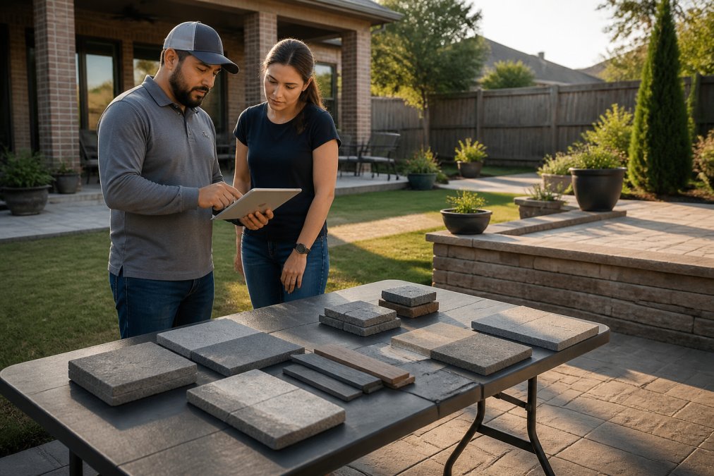 A homeowner and a hardscape contractor standing in a small backyard, reviewing design plans on a tablet, with concrete paver samples and material swatches laid out on a folding table, afternoon sunlight casting long shadows across the yard