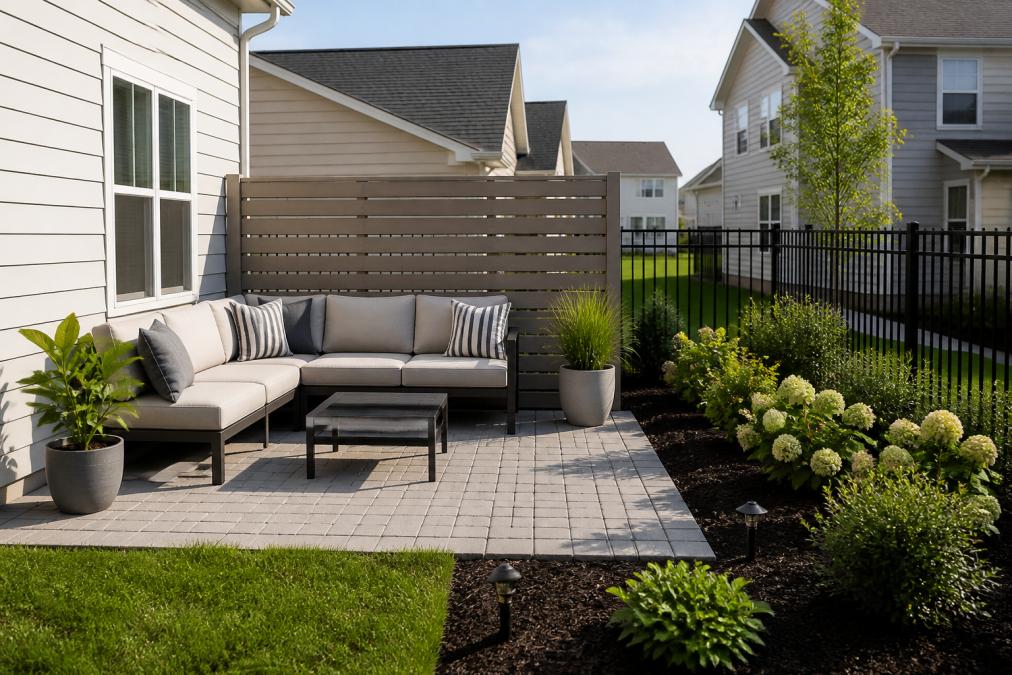A small, neatly paved backyard patio with a modern outdoor sofa, potted plants, and a low privacy screen, set against a freshly mulched garden bed in a residential neighborhood