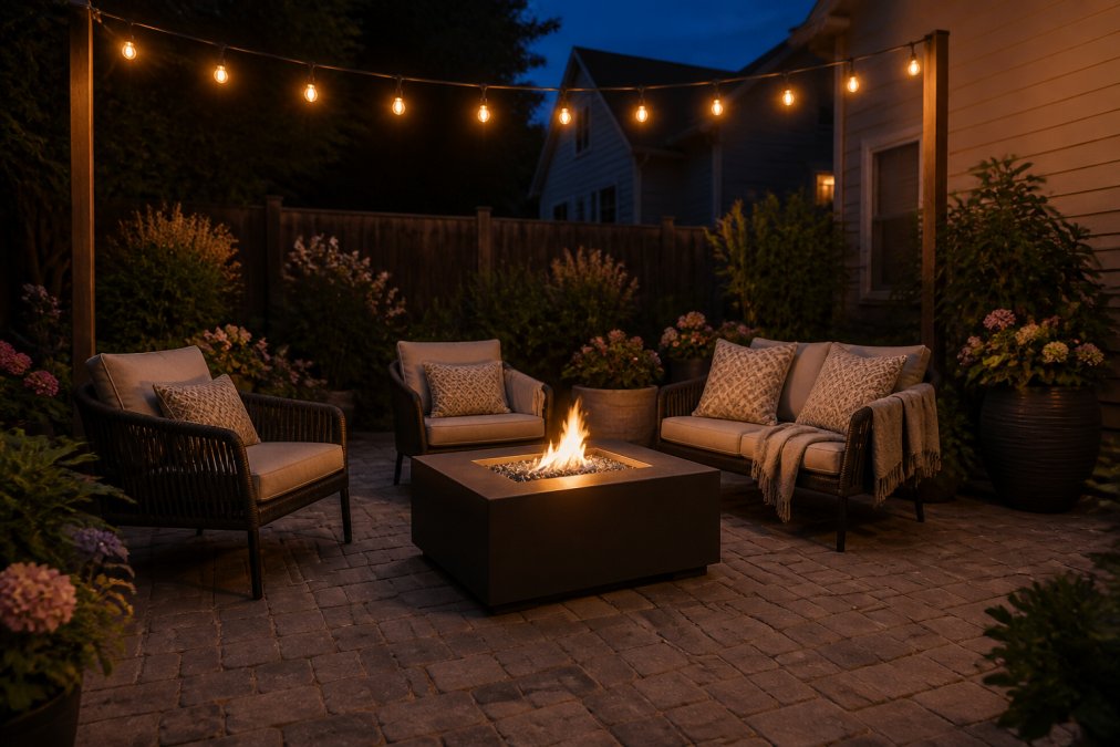 A compact contemporary fire table on a small stone paver patio at dusk, surrounded by lush potted plants and warm string lights strung overhead between two posts, casting a cozy amber glow across the intimate seating area