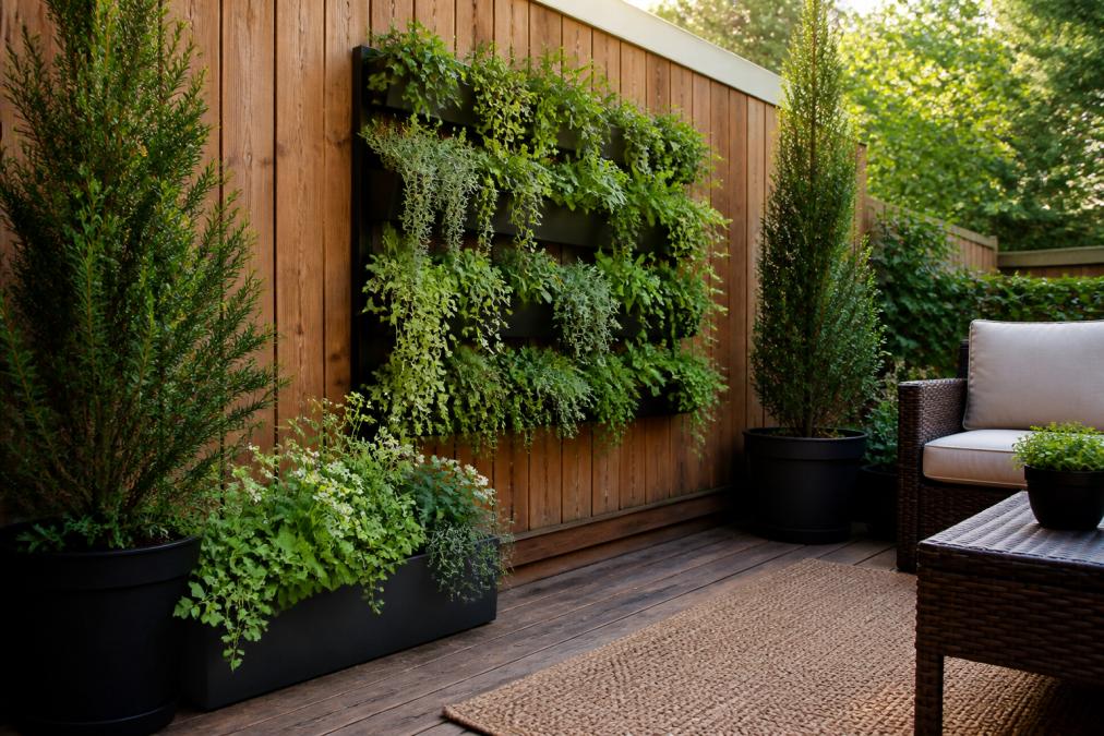A narrow backyard patio with a tall vertical wall planter mounted on a wooden fence, filled with cascading green herbs and trailing plants, flanked by narrow planters on a decked surface with a woven outdoor rug, photographed in soft afternoon light with a warm, lush atmosphere