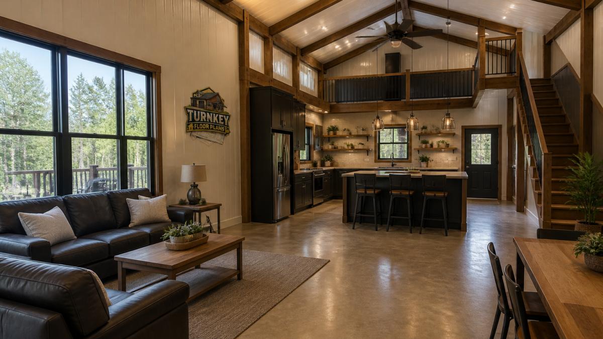 Interior of a finished small barndominium showing open-concept living area with exposed wooden beams, modern farmhouse furnishings, large windows with natural light, and polished concrete flooring