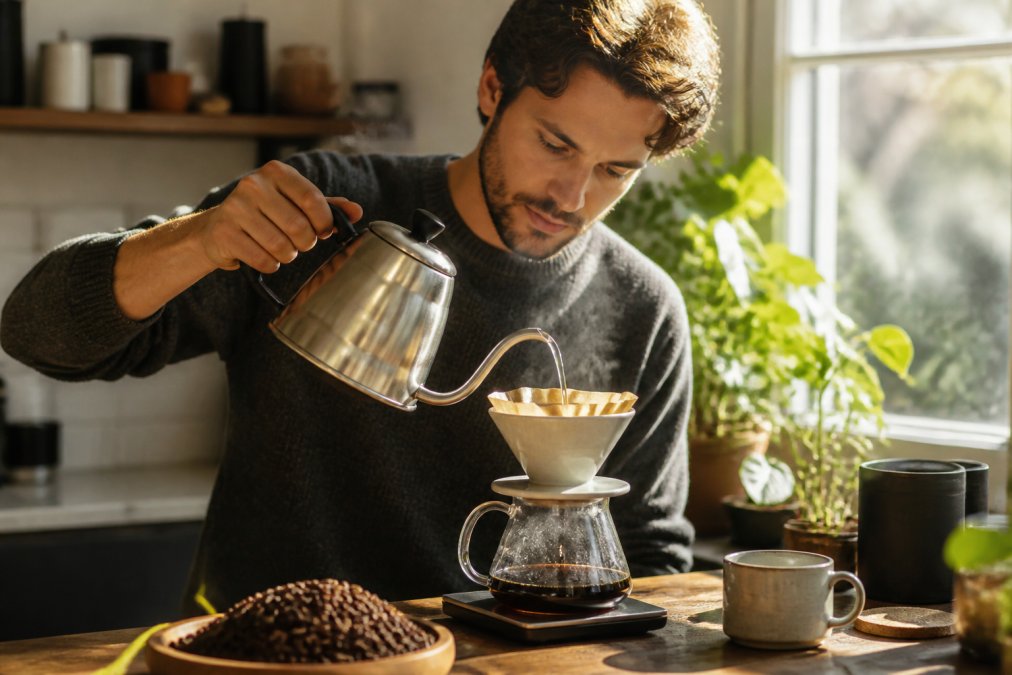 Person pouring hot water over coffee grounds in a ceramic pour-over dripper, whole beans visible in a wooden bowl nearby, steam rising from the brewing process, natural morning light from a window