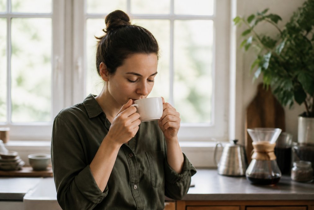 A person in a bright, minimalist kitchen holding a white ceramic coffee cup up to their nose with eyes gently closed, taking a moment to appreciate the aroma, natural morning light streaming through a window behind them