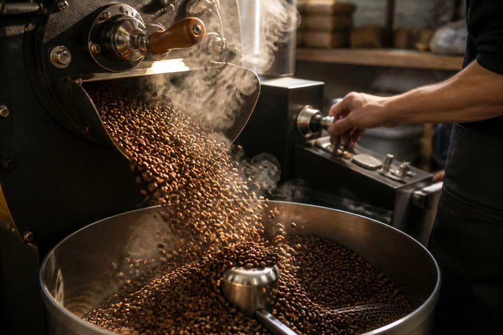 Close-up of fresh coffee beans cascading from a small-batch roasting drum with golden light and visible steam rising from the roaster, hands adjusting controls in a dedicated roasting facility