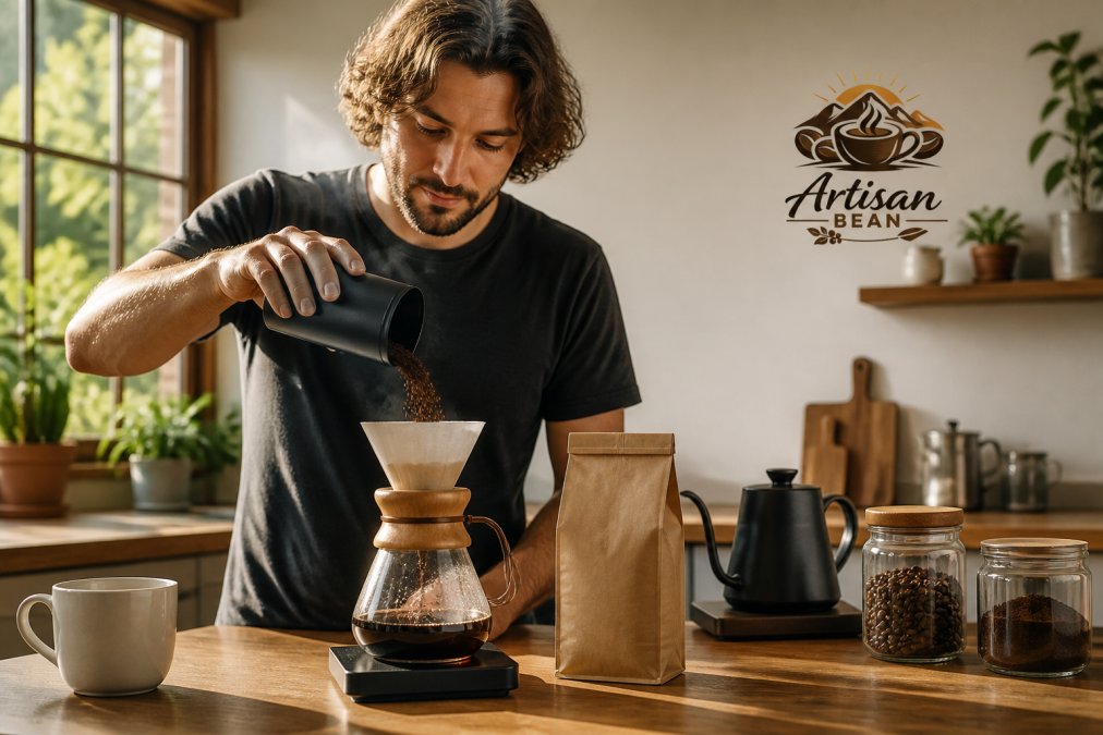 A home barista in a bright kitchen pouring freshly ground coffee into a pour-over dripper, steam rising, with a bag of whole beans and a digital scale on the counter