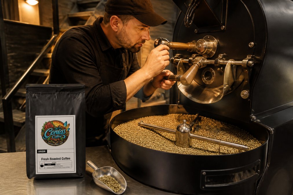 A skilled roastmaster carefully monitoring green coffee beans in a small-scale roasting drum, with warm amber roasting room lighting highlighting the roaster's focused expression and hands adjusting controls