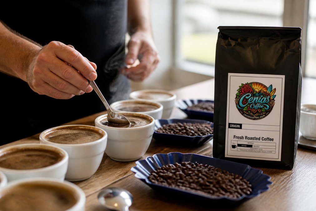 Close-up of a coffee cupping session with multiple small white ceramic cups arranged on a wooden table, roasted beans visible beside each cup, a roaster's hands holding a cupping spoon over steaming liquid, natural window lighting