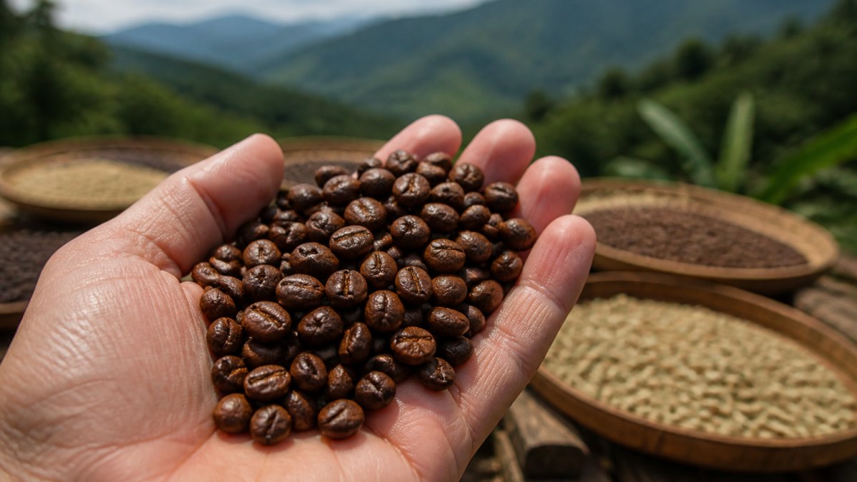 Close-up of freshly roasted coffee beans in a hand, showing the glossy surface and rich color variation, with blurred origin labels and coffee farm landscape in soft focus background