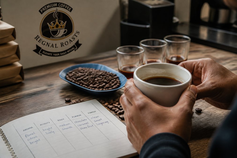 Close-up of hands holding a white ceramic cup during a coffee tasting session, with coffee beans scattered and a tasting notes sheet with flavor descriptors visible on a wooden table in natural morning light