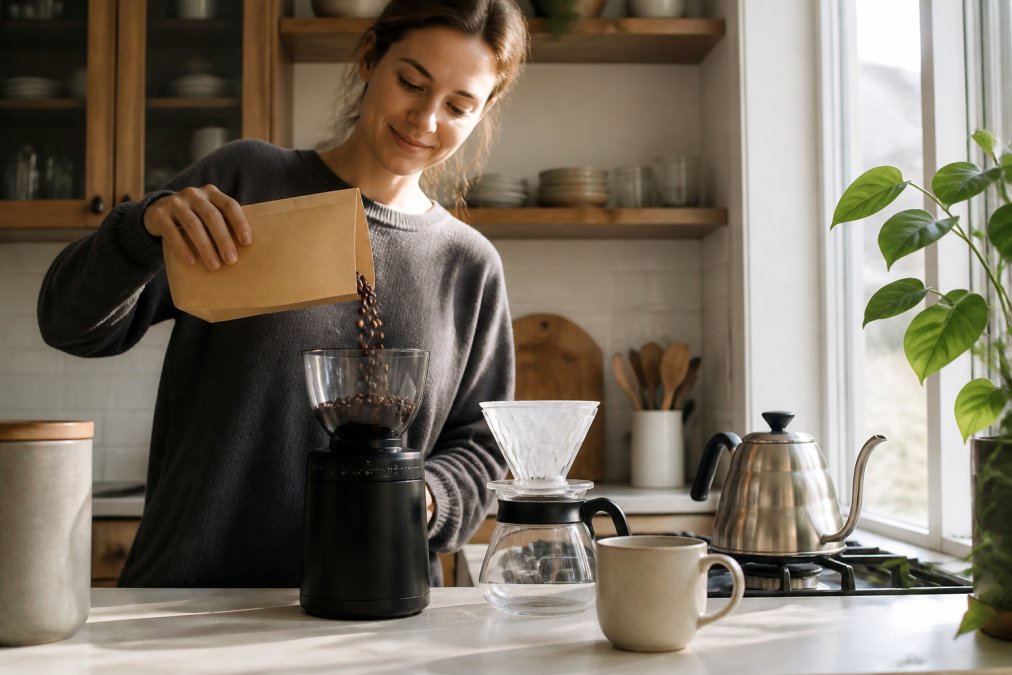 A person in a bright kitchen pouring freshly roasted coffee beans from a small kraft bag into a burr grinder, pour-over setup and steaming mug nearby, morning light through the window