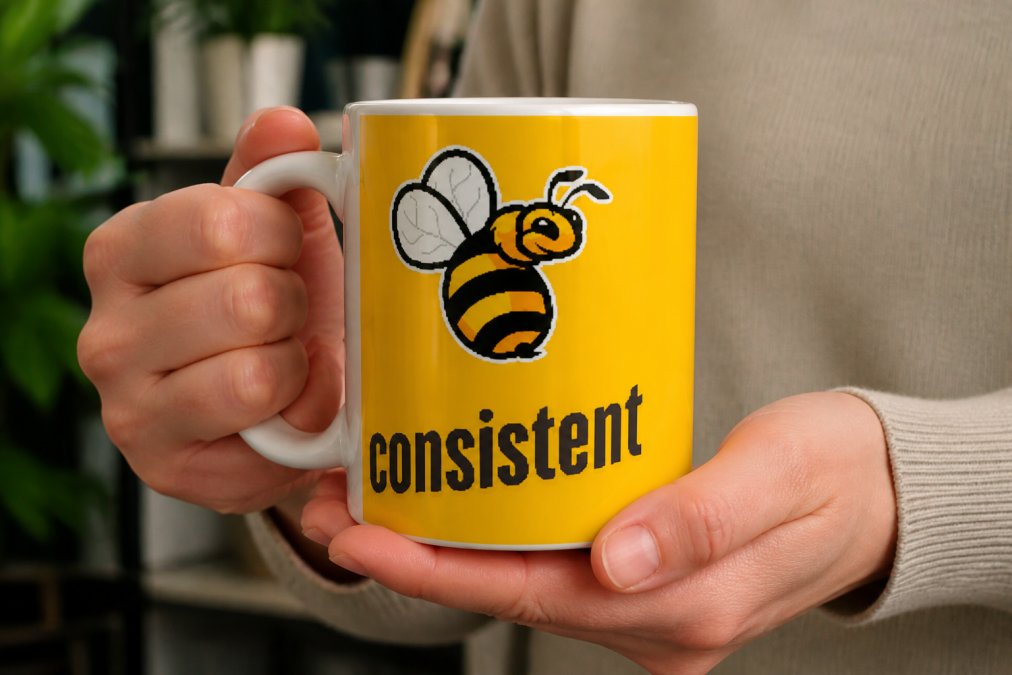 Close-up of hands holding a ceramic mug with vibrant full-color sublimation print showing intricate design details in the imprint area with glossy ceramic finish