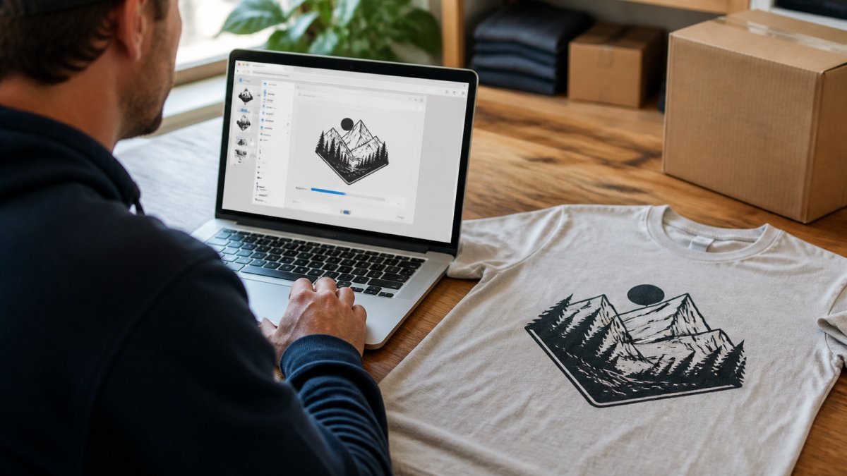 Person at desk uploading custom design file on laptop screen, with a printed sample t-shirt showing final design result displayed beside the computer