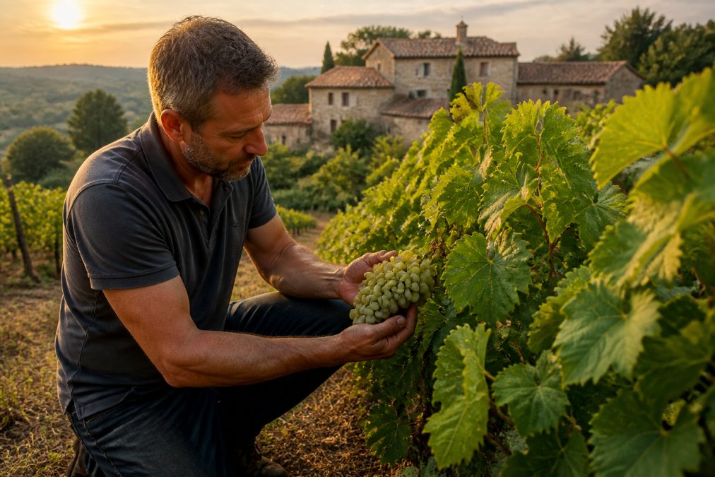 Winemaker inspecting grapes for small batch Italian white wine at a hillside vineyard during golden hour
