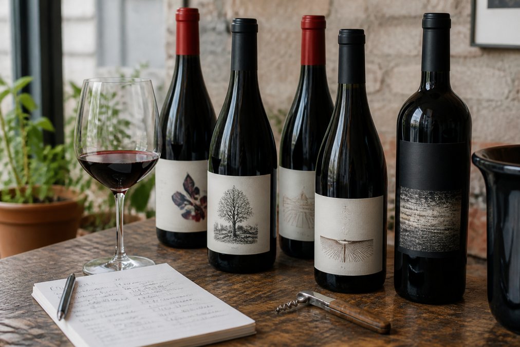 A curated selection of small-batch Italian wine bottles arranged on a rustic wooden table, with a handwritten tasting notes card and a glass of red wine beside them, soft natural light from a window